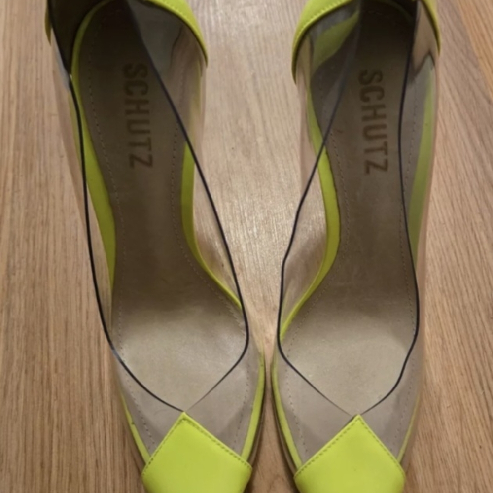 Schutz Neon Yellow Lime  Clear Heels